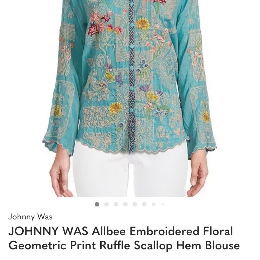 Johnny Was Aqua Embroidered Floral Geometric Blouse